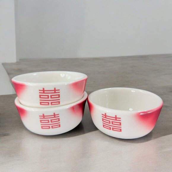 Jackson Custom China Restaurant Ware MCM Heavy Pottery Dish Bowl Set 3 Red White - Picture 3 of 16